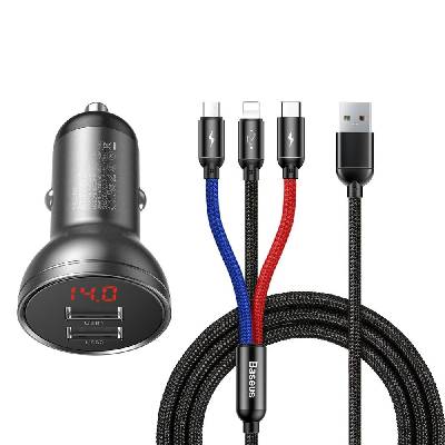 Зарядно за кола Baseus Digital Display Dual USB Car Charger (TZCCBX-0G), от автомобилна запалка към 2x USB-A(ж), 5V/4.8A, 45W, черно, включен microUSB, USB-C и Lightning кабел (TZCCBX-0G / 46746)