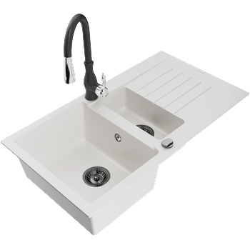 Mexen Matias гранитна мивка с 1, 5 камери с отцедник и кухненски смесител Savita, бял - 6502-20-672601-70 (6502-20-672601-70)