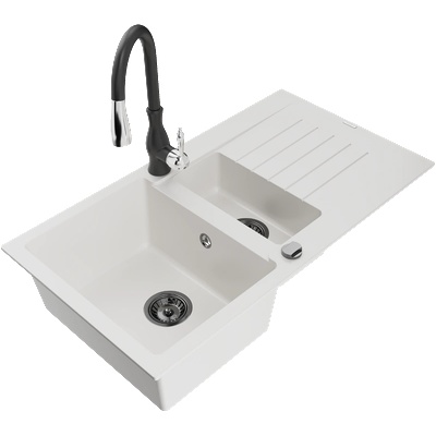 Mexen Matias гранитна мивка с 1, 5 камери с отцедник и кухненски смесител Savita, бял - 6502-20-672601-70 (6502-20-672601-70)