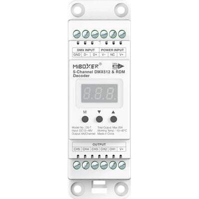 Mi-Light DMX 512 dekodér na DIN lištu D5-T pro RGBCCT pásky 5-kanál 20A DC12-48V