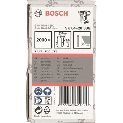 BOSCH Hřeby se zápustnou hlavou SK64 20G 38 mm, pozinkovaný 2.608.200.529