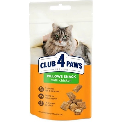 CLUB 4 PAWS Premium chrumkavé vankúšiky s lososom pre dospelé mačky. Doplnkové krmivo, 60 g