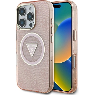 GUESS IML Metal Glitter 4G Circle Triangle MagSafe Case за iPhone 16 Pro Max - розов