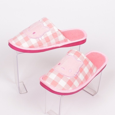 Дамски топли пантофи в розово и кариран десен с коте