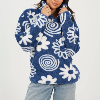 Brave Soul Дамска поларена блуза Brave Soul Womens Flower Print High Neck Fleece Sweatshirt - Blue/Cream