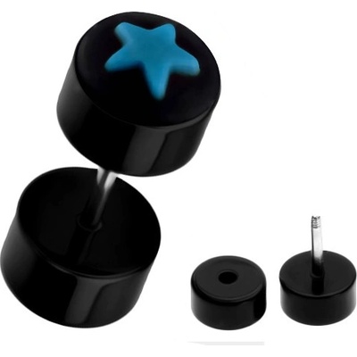 Šperky eshop falešný piercing do ucha z akrylu černý s modrou hvězdou PC30.28
