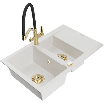 Mexen Gaspar гранитна мивка 1, 5 камерна с отцедник и кухненски смесител Duo, бял - 6507-20-671701-57-G (6507-20-671701-57-G)