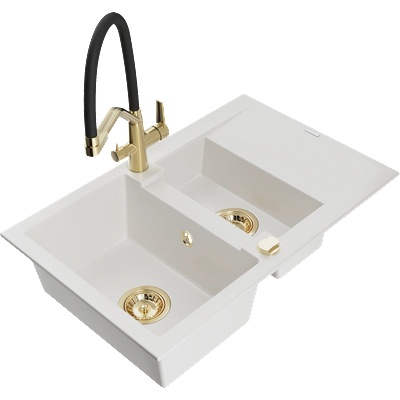 Mexen Gaspar гранитна мивка 1, 5 камерна с отцедник и кухненски смесител Duo, бял - 6507-20-671701-57-G (6507-20-671701-57-G)