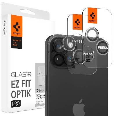 2 комплекта предпазни стъклени лещи за камерата на iPhone 15, iPhone 15 Plus, iPhone 14, iPhone 14 Plus - Spigen Optik Pro tR Ez Fit Lens Protector 2 Pack (прозрачен) (AGL06918)