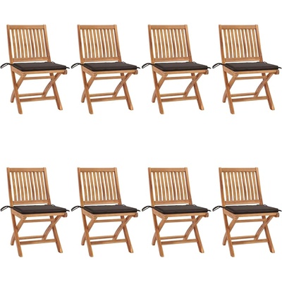 vidaXL Сгъваеми градински столове с възглавници, 8 бр, тик масив (3072869)