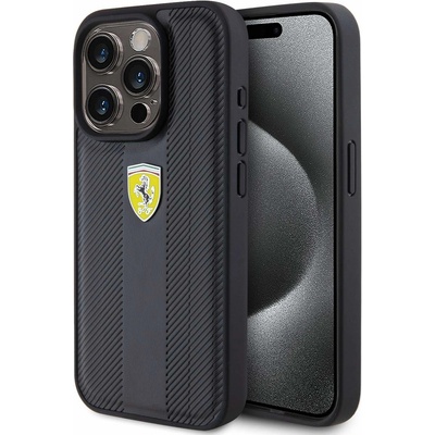 Ferrari PU Leather Hot Stamp Groove Pattern Case - дизайнерски кожен кейс за iPhone 15 Pro (черен)