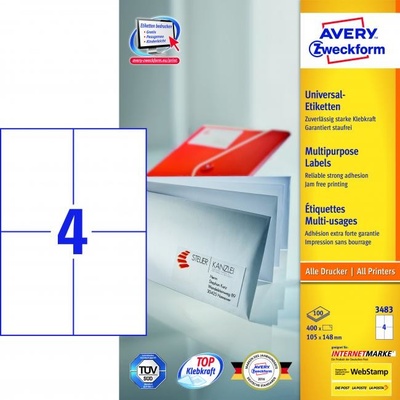 Avery-Zweckform 3483 105 x 148 mm papier biela 400 ks trvalé univerzálne etikety atrament, laser, kópie; 3483