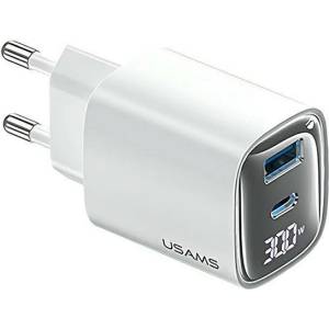 USAMS CC229 мрежово зарядно устройство USB+Type-C гнездо 30W, LED дисплей, БЯЛО CC229TC02 (CC229TC02)