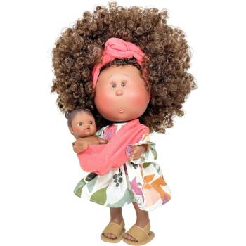 Ръчно изработена кукла от Испания - Мама Мия с кестенява коса и бебе в слинг (ndo-3410)