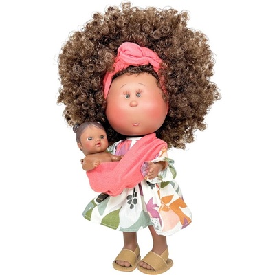 Ръчно изработена кукла от Испания - Мама Мия с кестенява коса и бебе в слинг (ndo-3410)