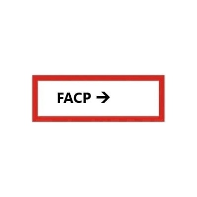 Bezpečnostní požární značení, ''FACP'' se šipkou – luminiscenční hliníkový kompozit, 210×74 mm