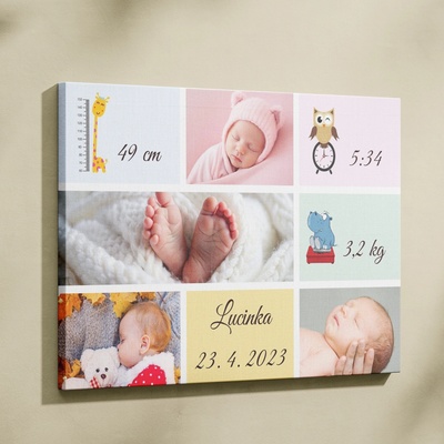 Fotoobraz na plátně z vlastních fotek, Narození miminka s motivem zvířátek, na šířku
