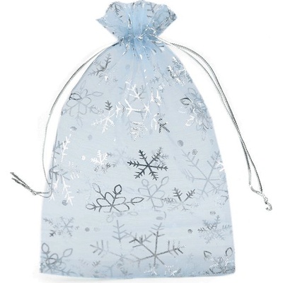 Vánoční dárkový pytlík vločky 13x18 cm organza - modrá ledová stříbrná (10 ks)