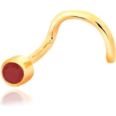 Šperky eshop piercing do nosu ze žlutého zlata zahnutý tvar červený rubín v objímce GG38.30