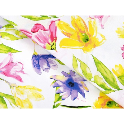 Bavlněná látka - žluté květy s tulipány - metráž šířka 220 cm
