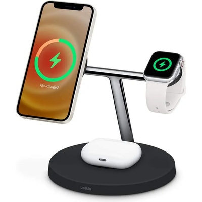 Belkin Boost Charge Pro 3-in-1 Wireless Charger with MagSafe 15W - тройна поставка (пад) за безжично зареждане за iPhone с Magsafe, Apple Watch и AirPods Pro (черен)