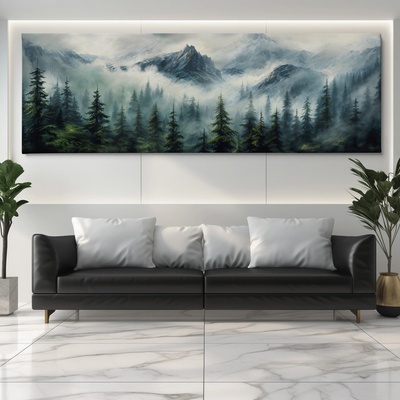 Obraz na plátně - Les s horami v mlžném oparu FeelHappy.cz Velikost obrazu (šířka x výška): 150 x 50 cm