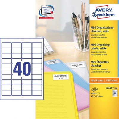 AVERY ZWECKFORM L7654-100 etikety 45,7x25,4 mm 100 listů A4 Organizační mini bílé