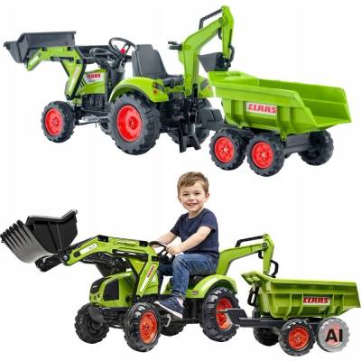 FALK Šlapací traktor Claas Backhoe s nakladačem rypadlem a Maxi vlečkou Falk FA-2070W