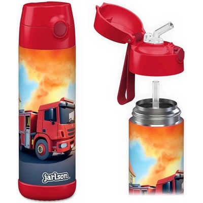 Jarlson Charli Detská termo fľaša z nerezovej ocele so slamkou Hasiči 500 ml