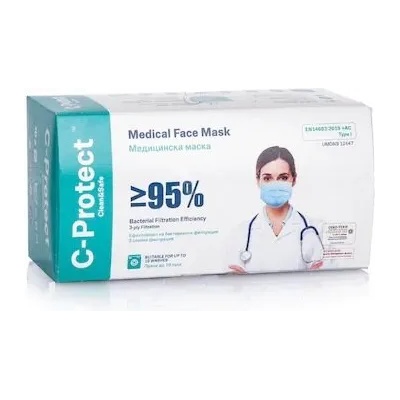C-Protect Медицинска маска C-Protect, трипластова, с ластик, 50бр. , светлосин
