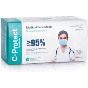 C-Protect Медицинска маска C-Protect, трипластова, с ластик, 50бр. , светлосин