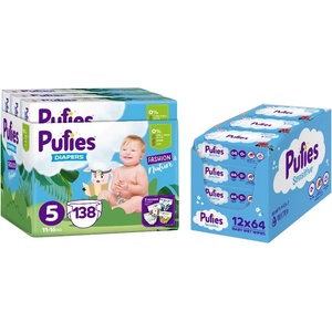 pufies Бебешки пелени Pufies Sensitive - Размер 5, 11-16 kg, 138 броя + мокри кърпи Pufies Clean Care, 12 х 64 броя (3800024036019+13800024027540) - baby