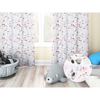 Biante Dětský bavlněný závěs Sandra SA-288 Eukalyptus s růžovými květy na bílém 150x140 cm