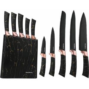 Klausberg Комплект ножове със стойка Klausberg KB 7768, 6 части, Ергономични дръжки, Неръждаема стомана, Черен (KB 7768)