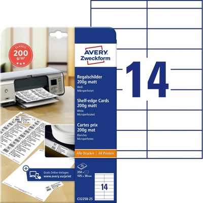 Avery Zweckform Cenovky do lišty stojanu na zboží 25 listů matné bílé 105 x 38 mm 170 g C32258-25