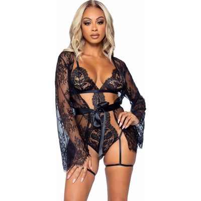 Leg Avenue Teddy, Lace Robe & Ribbon Tie Black M