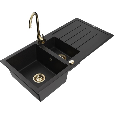 Mexen Andres гранитна мивка с 1, 5 камери, с отцедник и кухненски смесител Telma, черен - 6515-77-670200-50 (6515-77-670200-50)