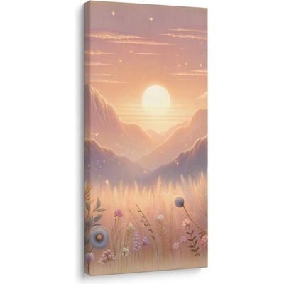 Obraz hory, květiny a zapadající slunce - 60x120