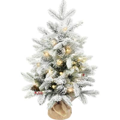 HOMCOM Mini vánoční stromeček 60 cm s 35 LED světly, sněhový efekt, mini stolní stromeček s borovicovými šiškami, umělý vánoční stromeček na vánoční dekoraci, bílý
