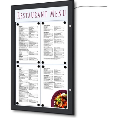 Jansen Display Vonkajšia "menu" vitrína 4xA4 s hornou svetelnou LED lištou, v čiernej farbe RAL9005, 505 x 779 mm