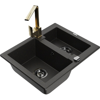 Mexen Carlos гранитна мивка 1, 5-камерна с кухненски смесител Rita, черен/златен металик - 6518-75-670300-50-B (6518-75-670300-50-B)