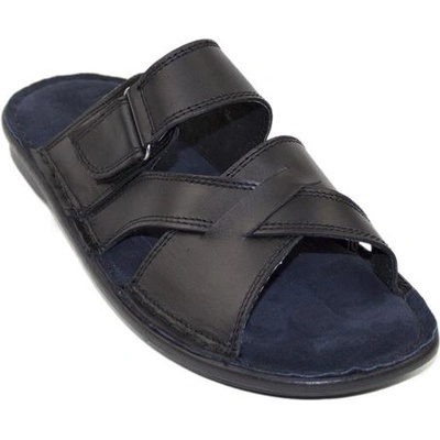 Български обувки Мъжки сандали от естествена кожа в черен цвят и синя стелка 142black