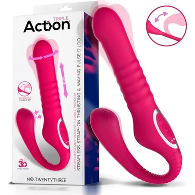 ACTION Strapless Strap-On Thrusting & Waving Pulse Triple Action Dildo Pink