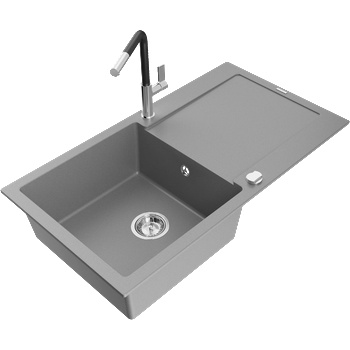 Mexen Leo гранитна мивка с 1 камера, отцедник и кухненски смесител Flora, сив - 6501-71-670401-07 (6501-71-670401-07)