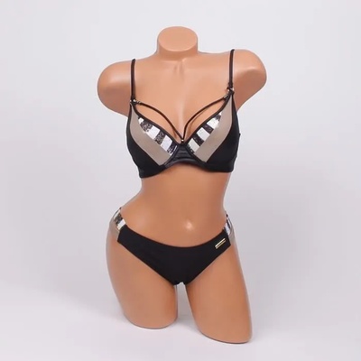 Черен бански с лъскав ефект и декорация - чашка В