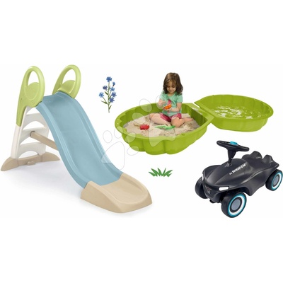 Smoby Set šmykľavka a vodnou hrou a odrážadlo so zvukom Toboggan GM Slide Life 150 cm a dvojdielne pieskovisko Mušľa