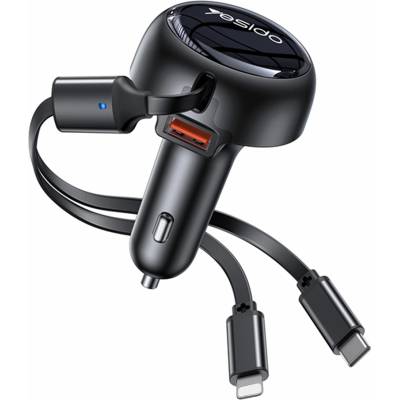 YESIDO Автомобилно зарядно - Yesido Y61 - с 2× прибиращ се кабел Type-C/Lightning, USB-A, 53W - Черно
