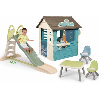 Smoby Set šmykľavka s dvojitou vlnou a domček zmrzlináreň Toboggan XL Life dĺžka šmyku 230 cm s vodotryskom a stôl s dvoma stoličkami KidChair