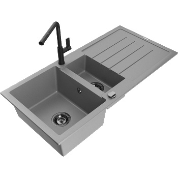 Mexen Andres гранитна мивка 1, 5-камерна с отцедник и кухненски смесител Flora, сив - 6515-71-670401-70-B (6515-71-670401-70-B)