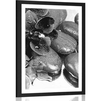 Plakát s paspartou kvetoucí orchidej a wellness kameny v černobílém provedení - 40x60 white